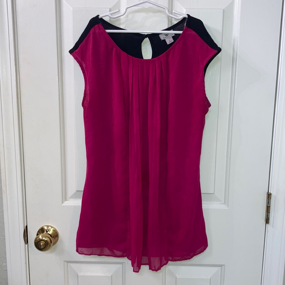 Worthington JCPenney Barbiecore Pink Black Pleated Sleeveless Blouse Size Small